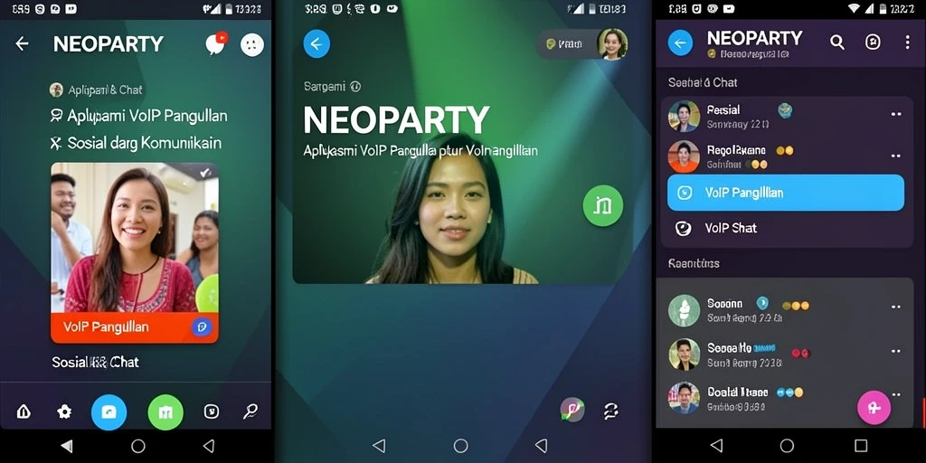Tampilan antarmuka pengguna aplikasi NEOPARTY dengan fitur VoIP Panggilan.